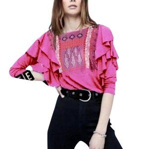 Free People Boho La Cienga Embroidered Ruffle Tunic Top Sz S NWT $88